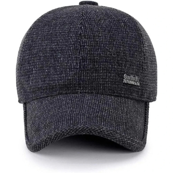 Men's Winter Warm Wool Tweed  Peaked Baseball Cap Hat Fold Earmuffs Warmer - Picture 7 of 7